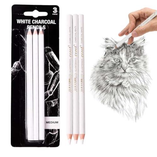 CEJAS 3 Piezas Lápices de Dibujo, Lápices de Carboncillo Blanco para Detallar y Aclarar en Dibujo