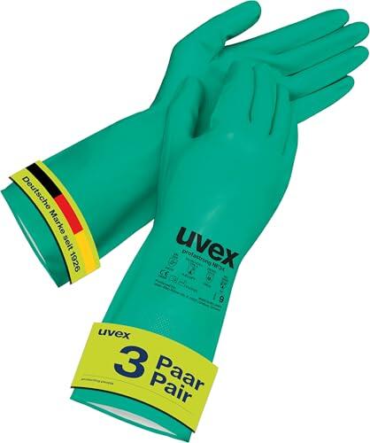 Uvex profastrong NF34, 3 pares - Guantes de protección contra químicos contra aceites, grasas, ácidos y disolventes - resistentes al desgaste, resistentes y sensibles al tacto - verde - Talla 09/L