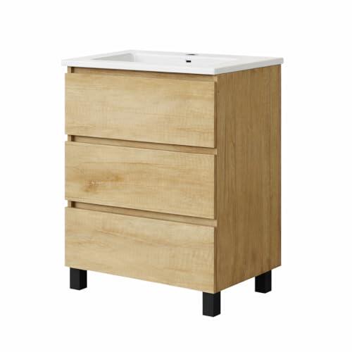 Baikal Mueble de Baño REN. Mueble MONTADO. 3 Cajones con Patas Negras. Armario de Baño. Lavabo Ceramico. Cierre Amortiguado. Altura 75cm. 60cm Nature.