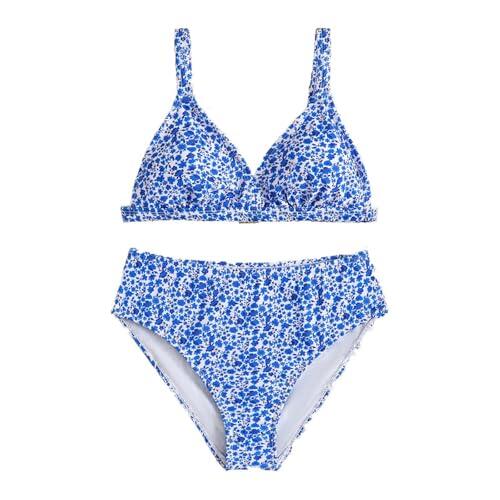 Bikinis Niña Traje de Baño Dos Piezas Tankini para Niñas con Estampado Floral y Cintura Alta Sin Mangas (Blue, 11-12 Years)