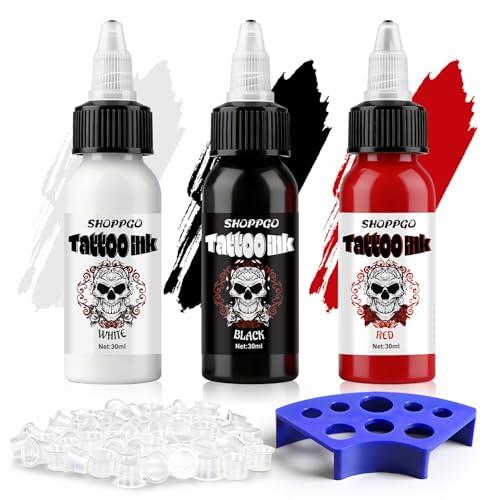 Tinta Tatuaje Profesional, Dynamic Tinta Tattoo,Tinta Negra/Roja/Blanco Tatuaje, Incluye 30 Cups Tattoo, 1 Soporte Para Tinta de Ocho Orificios, Color duradero, Resistente a la Decoloración, 30ml*3