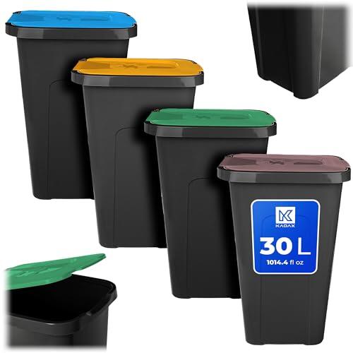 KADAX Juego de 4 cubos de basura de 30 l, para sistema de separación de basura, cubo de basura de plástico con tapa abatible (marrón, verde, amarillo, azul)