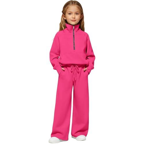 Sudadera con capucha y pantalones de chándal con media cremallera para niñas, ropa deportiva cómoda y casual de dos piezas para niños pequeños y niños, Rosa intenso., 7-8 años