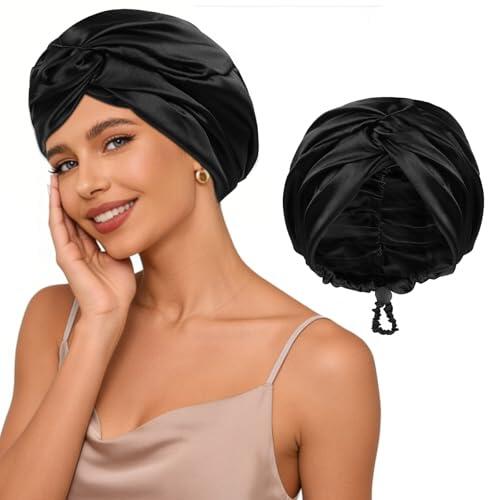 ABOHU Gorro Saten Pelo Rizado Ajustable Gorro Pelo Rizado Dormir gorros de Satén, gorro De Seda para Dormir para pelo rizado con Banda Ancha Elástica para Mujeres y Niñas, Negro