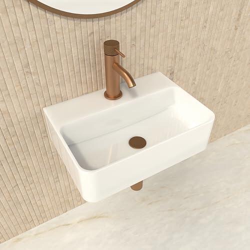 HOGART lavabo pequeño baño 37x26cm con seno a la derecha, lavabo de cerámica blanco rectangular, lavabo suspendido pared o sobre encimera, con orificio para grifo, sin rebosadero, ideal aseo invitados