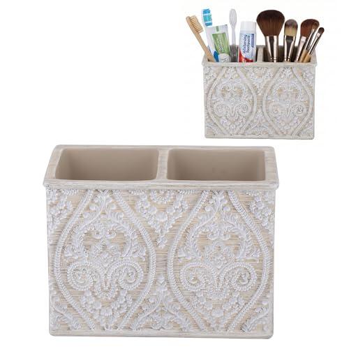 Kook Time Organizador Doble para Maquillaje y Cepillos Serie Damask - Soporte para Brochas, Lápices o Baño - Diseño Floral Relieve - 14 x 7.5 x 10 cm - Color Crema