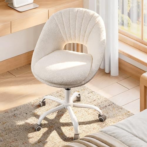 Hzuaneri Silla de Escritorio para Casa, Silla de Oficina Giratoria con Función de Balancín, Silla de Terciopelo de Chenilla Transpirable para Dormitorio y Salón, Moderna y Ergonómica, Crema OC00399WG