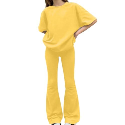 Conjunto de Leggings Acampanados para Chicas Adolescentes Camisetas de Manga Corta Oversize y Conjuntos de Pantalones Acampanados Color Sólido Conjunto Deportivo Traje Casual de Verano Pantalones