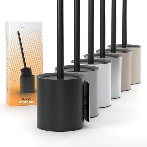 SAVEGA – Cepillo WC de Pared Negro – Escobilla de Silicona con Tapa – Acero Pintado – Montaje Adhesivo sin Taladro – Cepillo Higiénico para Baño