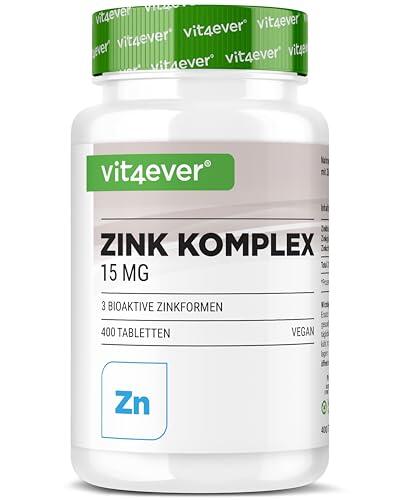 vit4ever Complex de Zinc 15 mg - 400 Comprimidos - Con 3 Formas bioactivas de Zinc (triple Complejo Bisglicinato, Gluconato y Citrato) - Suministro de Larga Duración, Alta Dosificación, Vegano