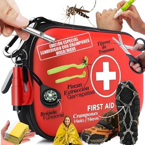 Botiquín de Primeros Auxilios para Senderismo y Nieve – Kit de Supervivencia con Crampones de Marcha, Brújula, Manta Térmica y Tijeras de Trauma – Seguridad para Trekking y Montaña