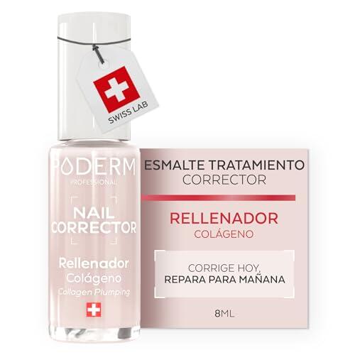 PODERM Esmalte Uñas Tratamiento Corrector y Perfeccionador – Colágeno | Alisa, Difumina y Rellena Estrías con Acabado Gel Natural – 8ml | Uña Protegida Uniforme | Desarrollado por un Podólogo en Suiza