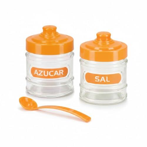 pcmoviles Juego de Salero y Azucarero con Tapa Naranja, Recipientes de Vidrio Transparente para Cocina, Incluye Cuchara, 2 Piezas