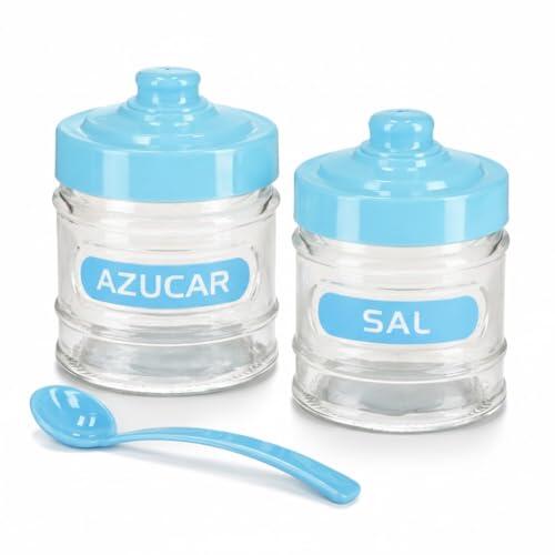 PCMOVILES juego de Salero y Azucarero Cristal con Tapa Azul Claro, 280 ml, Incluye Cuchara, 2 Piezas