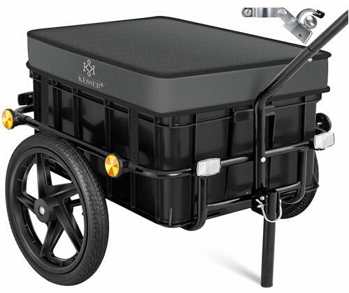 KESSER® Remolque de bicicleta, remolque de carga, carro de mano con acoplamiento, acoplamiento alto, para remolque de bicicleta, caja de transporte con 70 litros de capacidad, máx. 60 kg, + accesorios