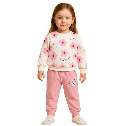 milano kids - Chándal para niña de 2 a 6 años, diseño de flores, conjunto de 2 piezas, algodón, sudadera y pantalones de correr, traje cómodo, mitad de temporada, color beige y, rosa, 4-5 Años