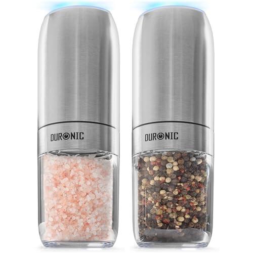 Duronic EMB2 Set 2 Molinillos Eléctricos Sal y Pimienta Automáticos - Molinos de Especias 150 ml con Luz LED, Ajuste Preciso de Molienda, Portátiles, Funciona con Pilas AAA, Fácil y Práctico