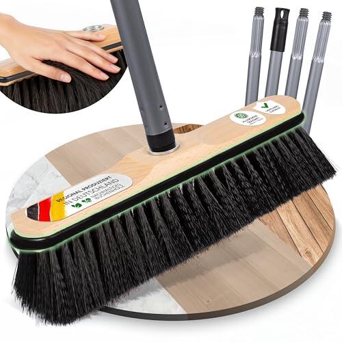 ORGAFLIX Escoba premium con mango de 28 cm, escoba con protección de bordes para casa y cocina, cabezal de escoba con mezcla de calidad, rosca inoxidable de 24 mm, fabricado en Alemania, mango de