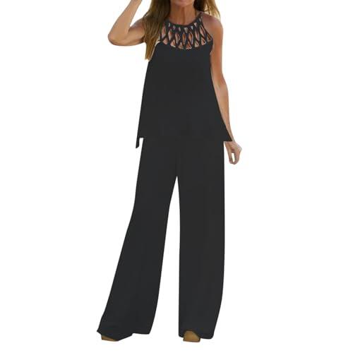 Conjunto de Pantalón Elegante para Mujer Traje de Dos Piezas con Cuello Redondo Sin Mangas para Temporada Primavera Otoño Moda Casual y Versátil (Black, XL)