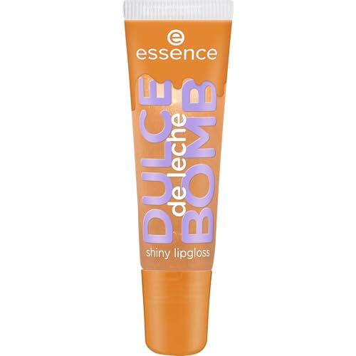 essence DULCE de leche BOMB shiny lipgloss 01 Cream Come True, brillo labial marrón, destellos dorados, aroma dulce, no pegajoso, brillo suave, 10 ml