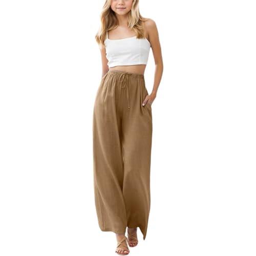 Pantalon Niña Pantalones Casuales Holgados de Pierna Ancha con Bolsillos para niñas y niños Ideales para Uso Diario y Playa (Coffee, 14-15 Years)