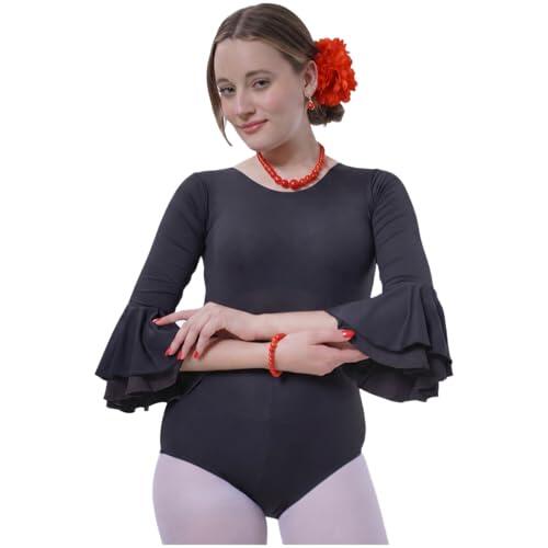 Carnavalife Body flamenco mujer negro maillot danza manga larga con volante, leotardo gimnasia ballet sevillanas, escote redondo, ribete rojo (Negro+Volante Negro, M)