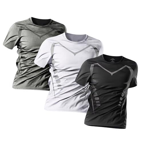 Pack 3 Camisetas Deporte Hombre, Manga Corta, Secado Rápido, Transpirables, Ajustado, Cuello Redondo, Poliéster Elastano, Gimnasio, Running, Fitness y Pádel (L, N/B/G)