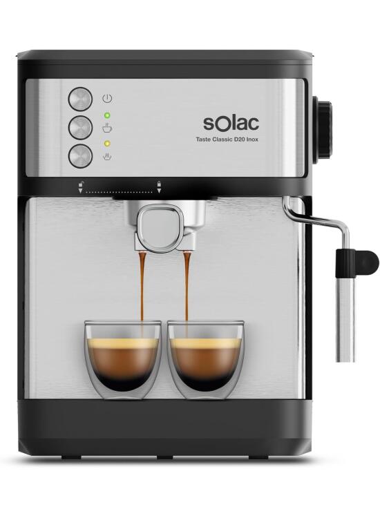 Solac – Cafetera Espresso Taste Classic D20 Inox | 850W | Presión 20 bares | Depósito 1,8L | Brazo 1 y 2 salidas | Vaporizador | Superficie Calienta tazas | Apagado automático