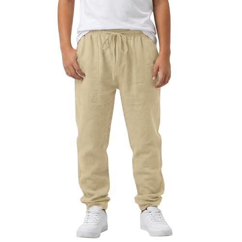 Genérico Pantalon Niño Rojo Pantalones de Lino Transpirable para Niños y Niñas con Cintura Elástica y Corte Recto para Uso Diario Actividades Exteriores (Khaki, 6-7 Years)