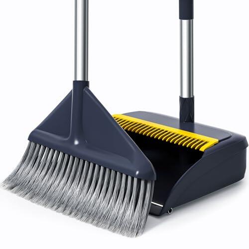 Juego de escoba y recogedor con mango largo, altura ajustable, cerdas de 4 capas con puntas divididas, borde reforzado de metal, dientes de peine, para hogar, cocina y garaje