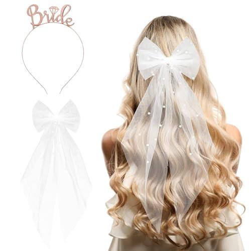 BAUCH Set Novia: Velo Perlas + Diadema Bride Oro Rosa, 1 Set, Tul Blanco con Perlas & Corona Metálica – ideal para Boda, Compromiso, Despedida de Soltera & Fiesta de Novia