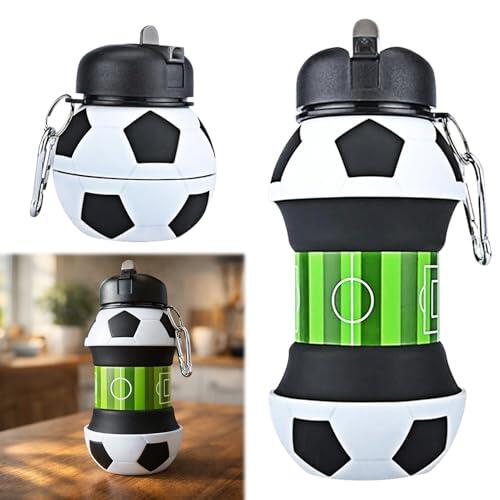 Ebksqs Botella Agua Futbol Plegable 550ml, Silicona con Mosquetón, Cantimplora Deportiva sin BPA para Deportes, Camping y Regalos Originales