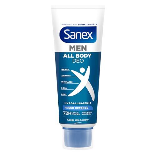 Sanex Men Crema Todo el Cuerpo Deo Frescor Total 75ml, Desodorante para Manos, Pies, Axilas, Cuerpo y Zonas Íntimas, 72 h de Protección contra el Olor Clínicamente Probada, Hipoalergénico