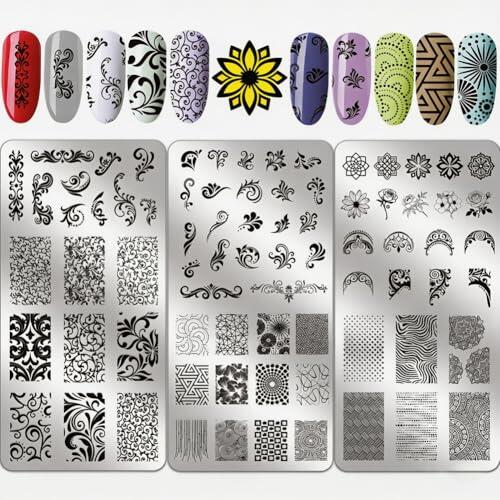 PRESSINART Placa de Estampado de Uñas Geométricas 3 Hojas Florales Placa de Arte de Uñas de Acero Inoxidable de 4.72 x 2.36 Pulgadas Textura de Flores Vintage 77 Piezas Plantilla Reutilizable de Patró