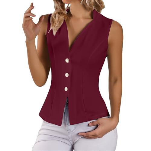 ZTFYKLIN Chaleco Mujer Traje De Sin Mangas Color Sólido Con Botones Para Verano (Wine, Xl) Camiseta Manga Larga Niño Camisetas Tirantes Blusa Lencera Blusas Deporte Corta Crop Top Fiesta Negra