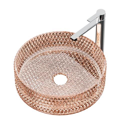 EMKE Lavabo de cristal redondo, 360 x 360 x 112 mm, lavabo de cristal templado de plomo para encimera, lavabo de baño sin orificio para grifo, lavabo, lavabo de manos para baño, transparente oro rosa