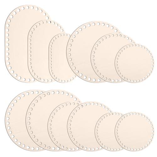 Rusokufo Juego De 12 Bases De Cesta De Madera – 6 Tamaños Redondas Y Ovaladas (10, 15, 20, 25, 30 Cm) Base De Madera De Tilo con Agujeros De 6 Mm para Tejer, Ganchillo Y Manualidades DIY