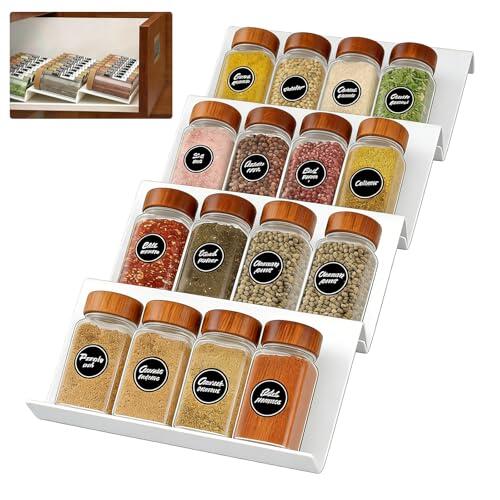 Juego de 4 Organizador Especias Cajon (de 23 cm a 46 cm), Soportes para Tarros de Especias para Cajón Expandibles Ajustar Libremente Mediante La Función de Colocación en Paralelo O Deslizante (Blanco)