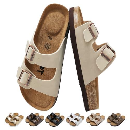 chetoria Sandalias y Mules Mujer con Dos Hebillas Ajustables Comodas Cuero Sandalias Planas de Corcho, Ligero Sandalias Ortopedicas con Arch Fit Antideslizante Zapatillas con Punta Abierta Gris 38EU