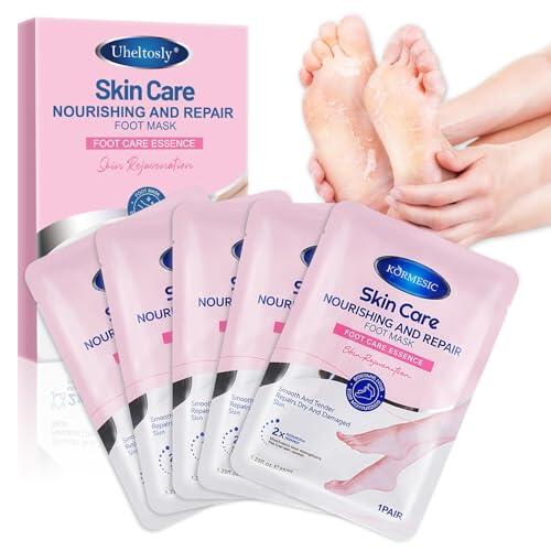 5 Pares Mascarilla para Pies Hidratante, Mascarilla Exfoliante Tipo Calcetín para Mujer y Hombre, ayuda a eliminar piel muerta y durezas, ideal para pies secos, ásperos y talones más suaves, Rosa