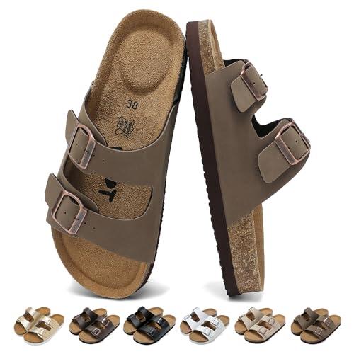 chetoria Sandalias y Mules Mujer con Hebillas Ajustables Comodas Cuero Sandalias Planas de Corcho, Ligero Sandalias con Soporte Del Arco Antideslizante Zapatillas Punta Abierta para Playa Marrón 38EU