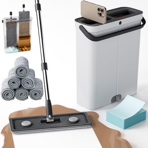 Juego de fregona compacta con cubo, mopa plana con función de escurridor, mopa húmeda y seca para apartamento, apartamento, RV, ventana, pared, suelo de madera y vinilo, incluye 6 almohadillas de