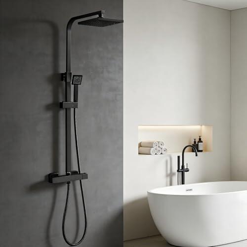 STANEW - Columna de Ducha Termostática, Conjunto de Ducha, Cuarto de Baño, Columna de Ducha, Termostato con Mezclador Ajustable en Altura, Sistema de Ducha (Negro)