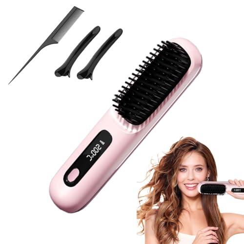 Cepillo eléctrico para el cabello, cepillo alisador inalámbrico, recargable, cepillo calefactor inalámbrico para mujeres y hombres, con pantalla LED, 3 niveles de temperatura, para alisar y rizar
