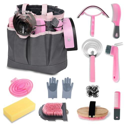 Kit de Cuidado para Caballos, 13 Piezas Juego de Cepillos para el Cuidado y el Baño con Peine de Crin y Cola, Cepillo Curry, Limpiacascos, Guantes y Bolsa de Malla