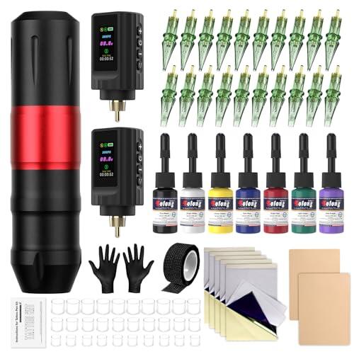 SOLONG Kit de Máquina de Tatuar con Doble Batería 1800mAh – Lápiz Inalámbrico de 9-10h, Pantalla LCD, 20 Agujas y 7 Tintas, Equipo Completo para Principiantes y Artistas, EF-TKP752DEU-2