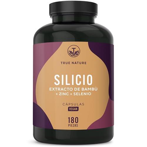 Cápsulas de Silicio - 180 Cápsulas para 6 Meses - Alta Dosis - Con Zinc y Selenio - Silicio Orgánico de Alta Dosis de Extracto de Bambú Indio - 643 mg - Vegano - TRUE NATURE