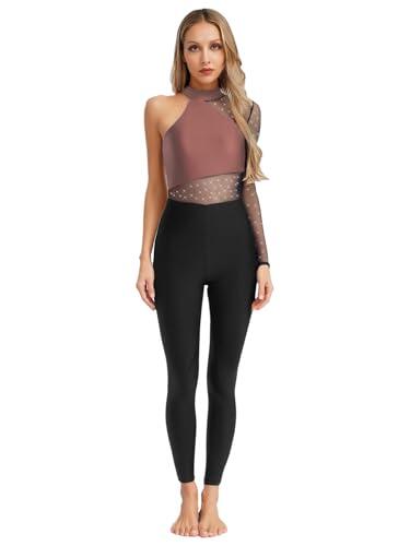 Agoky Maillot De Danza Ballet Mujer Mono De Manga Larga con Pedería Brillante Jumpsuit Deportivo Traje De Baile Competición Rosa empolvado S