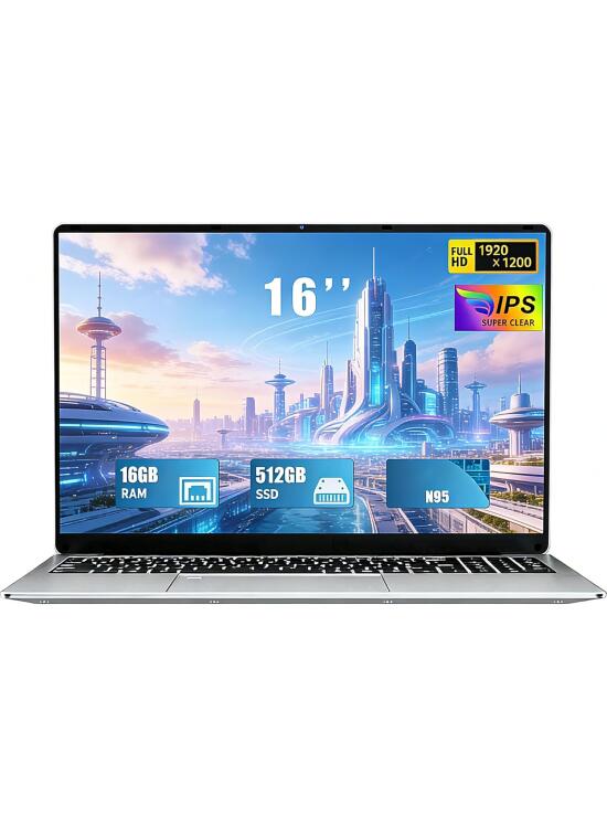 2026 Ordenador Portátil 16'' RAM 16GB M.2 SSD 512 GB Expansión 1TB Portátil 4 Cores Celeron N95 hasta 3.4 GHz Win 11 Pro Laptop FHD 1920×1200 USB 3.0 BT 5.0 WiFi 5 HDMI Teclado Retroiluminado
