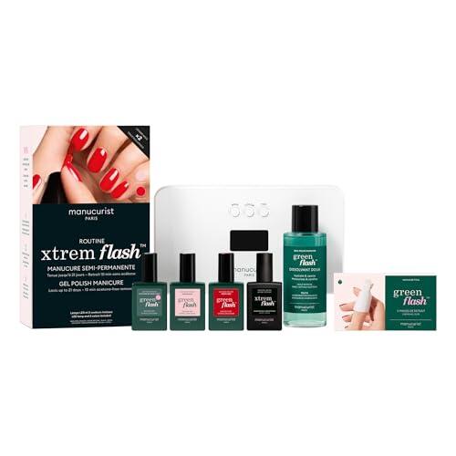 Manucurist Kit Uñas Semipermanentes Xtrem Flash Poppy Red y Hortencia - Esmaltes Semipermanentes para Uñas con Lámpara LED 36W, Base, Top Coat, Quitaesmalte y Pinzas - Gel Uñas hasta 21 Días